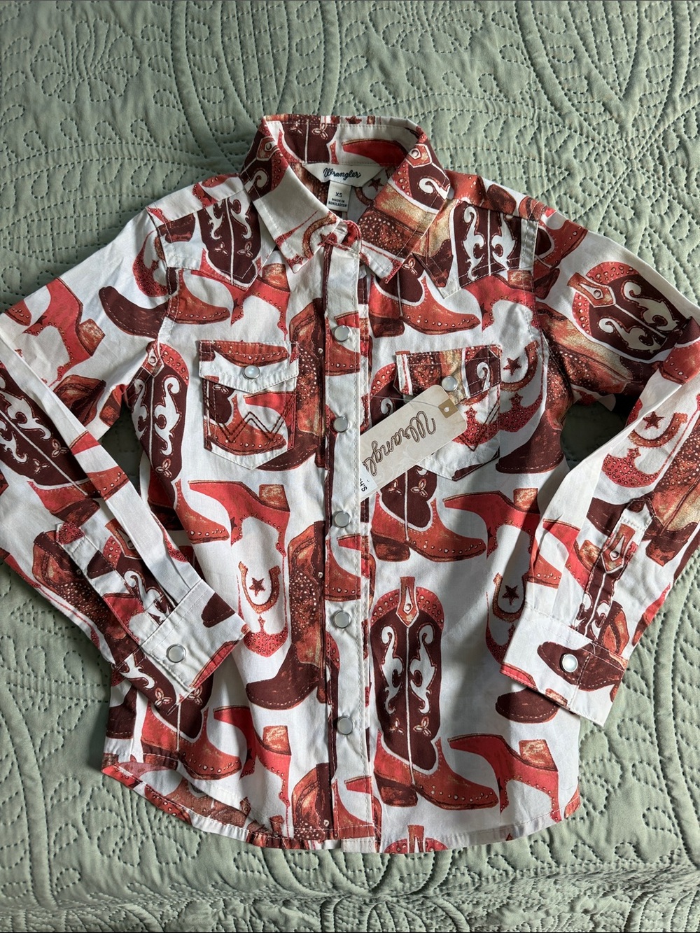 Wrangler White Shirt with Red Cowboy Boot Print - Kids Button-Down
